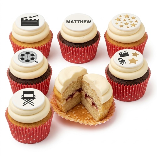 Cupcakes with film clapperboard, film reel, director's chair, and star toppers.