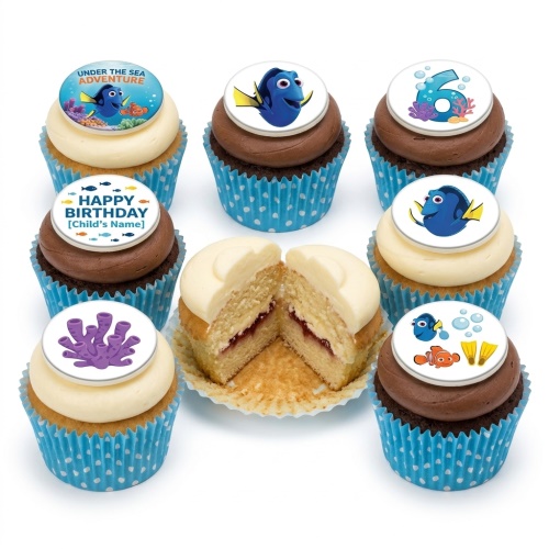 Finding Dory themed cupcakes with blue wrappers, white and chocolate icing, and custom age and name toppers.