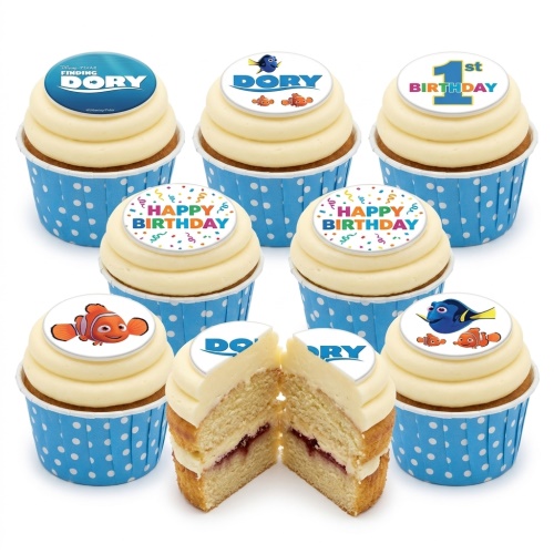 Finding Dory and Nemo themed cupcakes with blue polka dot wrappers and custom age birthday toppers.