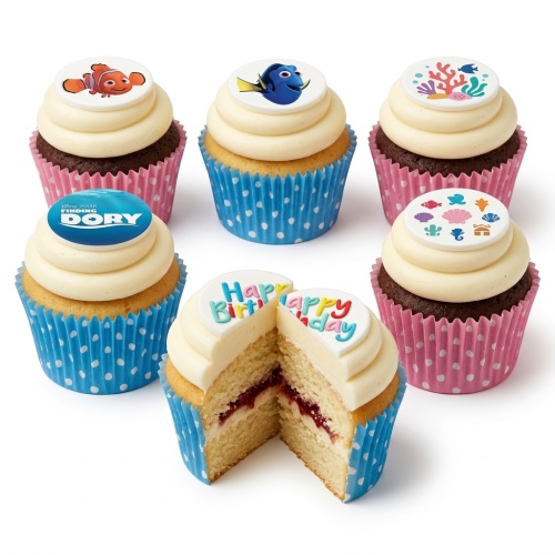 Finding Dory and Nemo themed birthday cupcakes with sea creature toppers and 'Happy Birthday' message.