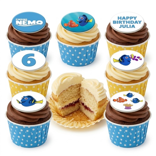 A selection of Finding Nemo and Dory themed birthday cupcakes with edible character toppers, custom age topper, and personalised message.