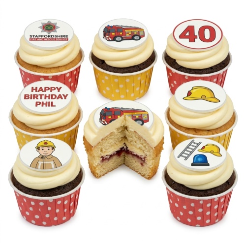 Set of firefighter themed cupcakes with fire engine, helmet, ladder, and fire service logo toppers. Some cupcakes have red polka dot wrappers, others yellow.
