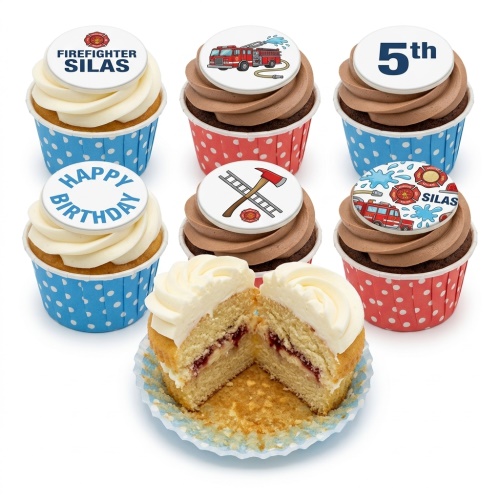 Selection of firefighter themed birthday cupcakes with fire engine, ladder, axe, and fire department badge toppers, some with vanilla and some with chocolate frosting.