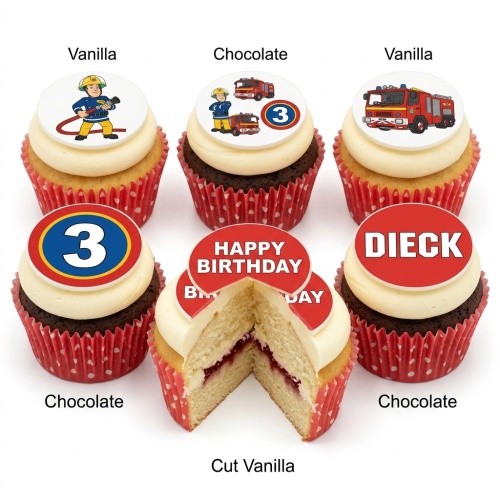 Fireman Sam and fire engine themed birthday cupcakes with custom age topper