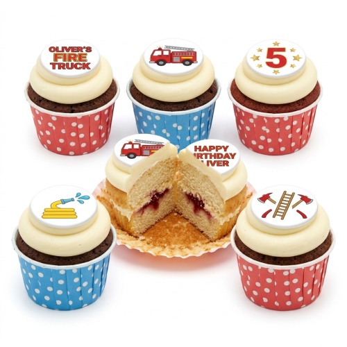 Firefighter theme cupcakes with fire truck, hose, axes, ladder, and a number 5 topper, in red and blue polka dot cases.