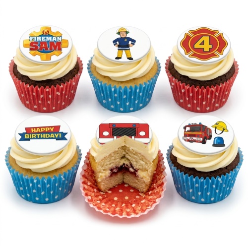 Fireman Sam themed cupcakes with fire engine, Fireman Sam character, and 'Happy Birthday' toppers.