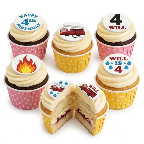 Fire engine themed cupcakes with flames and water droplets, featuring custom age and name toppers on white frosting.