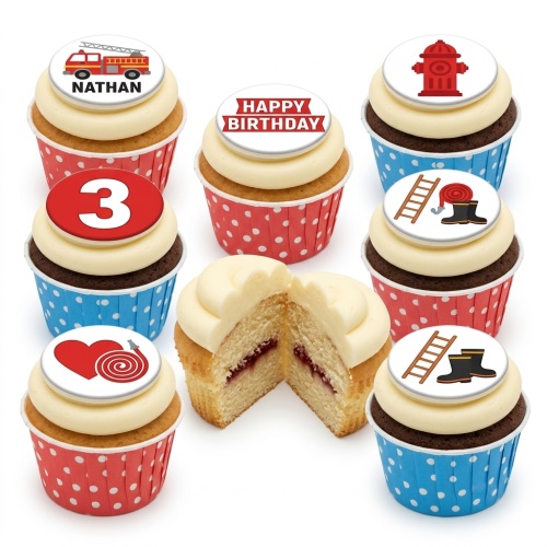 Firefighter themed cupcakes with fire engine, hydrant, ladder, boots, and custom age topper.