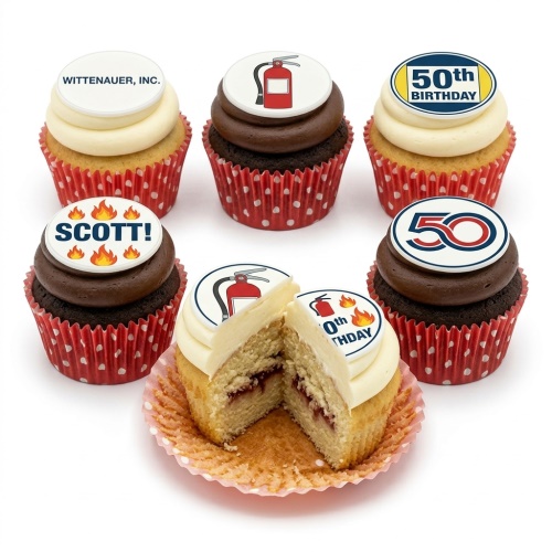 Vanilla and chocolate cupcakes with fire extinguisher, flames, and custom age toppers.