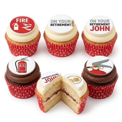Cupcakes with fire extinguisher and "On Your Retirement" toppers in red and white cases.