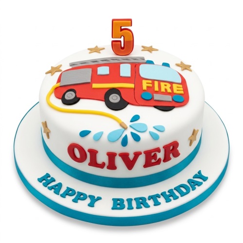 Round white birthday cake with a red fire engine, water splashes, gold stars, and an orange number topper.