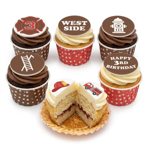 Firefighter themed cupcakes with fire truck, helmet, hydrant, ladder, and custom age topper.