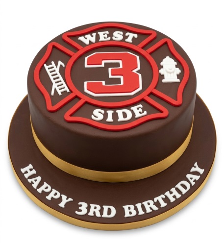 Round dark brown firefighter themed birthday cake with a red and white Maltese cross emblem, ladder, axe, and fire hydrant decorations.