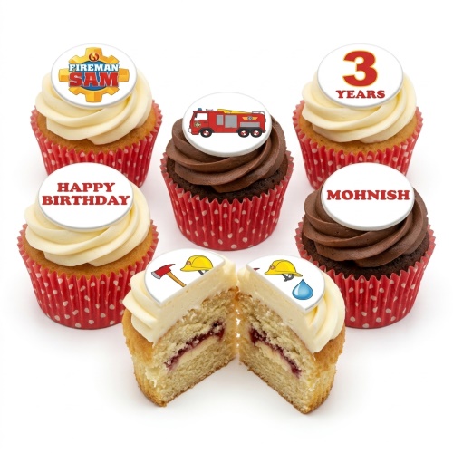Fireman Sam themed cupcakes with fire engine, helmet, axe toppers, custom age, and personalised name.