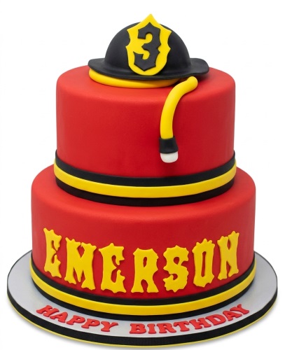 Two-tiered red fireman birthday cake with a black helmet and yellow '3' topper, yellow hose, and custom name.