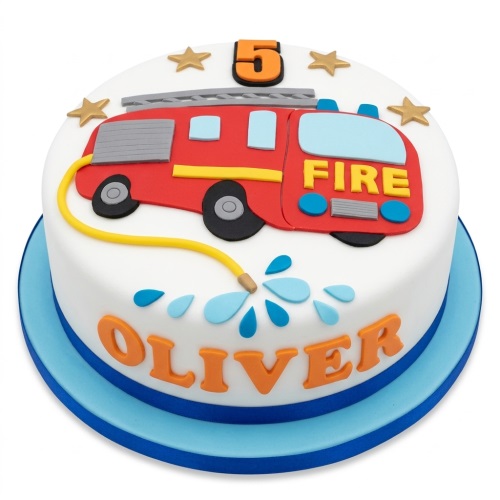 Round white birthday cake with red fire engine, yellow hose, water splashes, gold stars, and custom age topper.