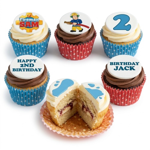 Fireman Sam themed cupcakes with character toppers, a custom age topper, and a personalised message on white and chocolate frosting.