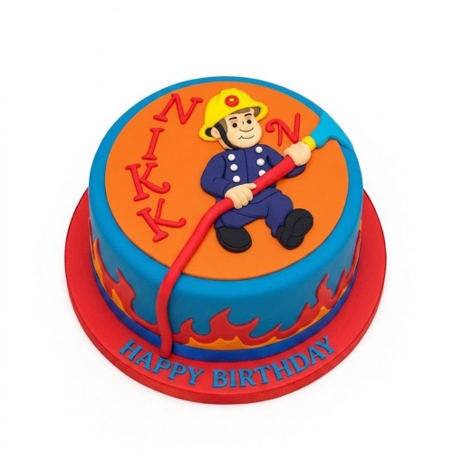 Round blue and orange fireman themed birthday cake with a fireman figure and red flames.