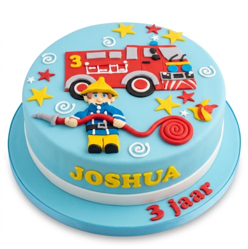 Round blue birthday cake with a fireman, red fire engine, and yellow stars.