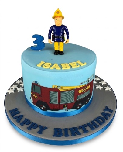 Fireman Sam themed birthday cake with a fire engine and custom age topper.