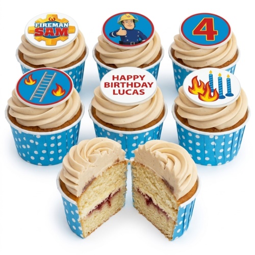 Fireman Sam themed birthday cupcakes with character, logo, ladder, and candle toppers. Custom age and personalised message options.