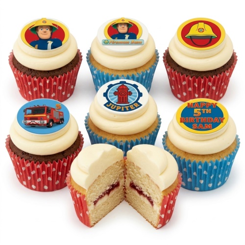 Selection of Fireman Sam themed cupcakes with edible toppers including Fireman Sam, fire engine, and firefighter helmet.