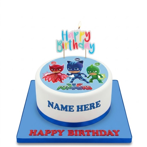 Round white PJ Masks birthday cake with Catboy, Owlette, Gekko topper and 'Happy Birthday' candle.