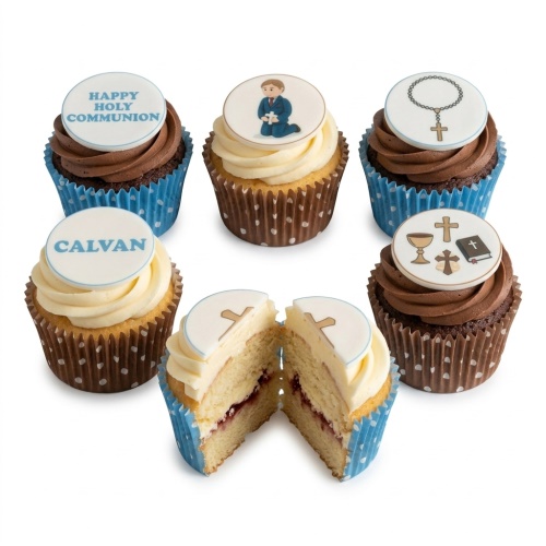 Holy Communion cupcakes with religious toppers, including a kneeling boy, rosary, chalice, and cross.