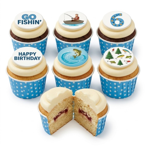Cupcakes with fishing-themed edible toppers, including a fisherman, jumping fish, lures, and 'Happy Birthday' message.