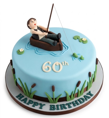 Round blue fishing theme birthday cake with fondant fisherman, boat, frogs, lily pads, reeds, and a custom age topper.