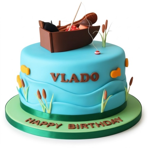 Blue fondant cake with a 3D boat, fisherman, fishing rod, cattails, and fish. Personalised birthday cake.