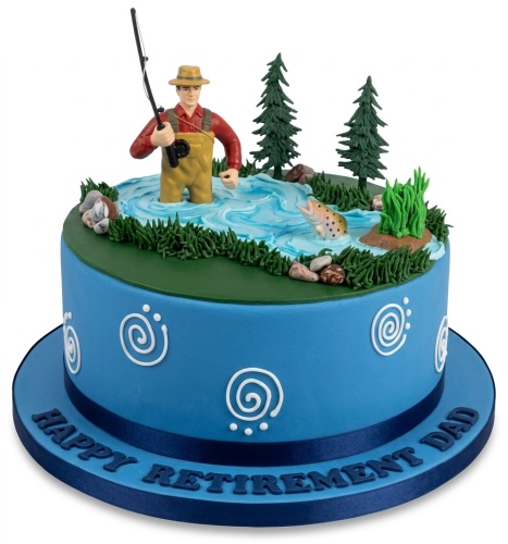 Blue round cake with a fishing scene on top, featuring a fisherman, a jumping fish, pine trees, and grass. The cake board has "Happy Retirement Dad" written on it.