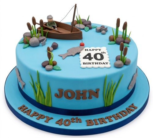 Round blue fishing theme birthday cake with a fisherman in a boat, fish, and reeds.