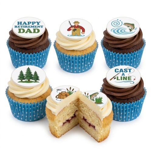 Six cupcakes with chocolate and vanilla frosting in blue polka dot cases. Toppers show a fisherman, jumping fish, pine trees, and "Happy Retirement Dad" and "Cast a Line" messages.