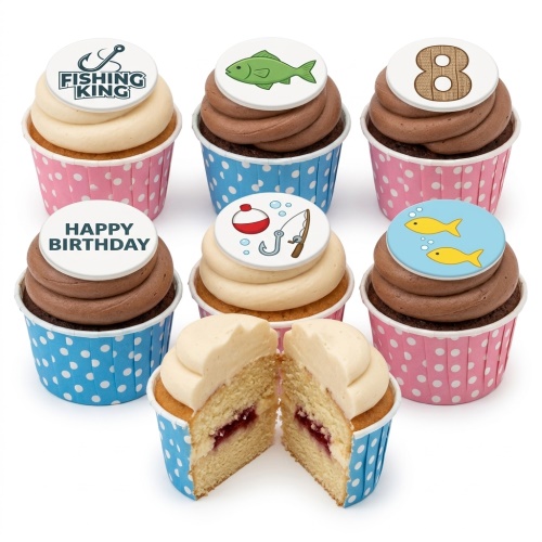 Fishing themed birthday cupcakes with hooks, fish, and a custom age topper.