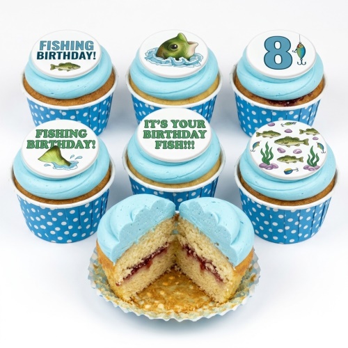 Cupcakes with blue frosting and fishing theme edible toppers, including fish, lures, and a custom age number.