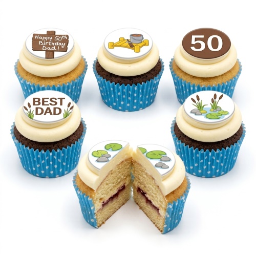Fishing themed cupcakes with custom age and message toppers in blue cases.