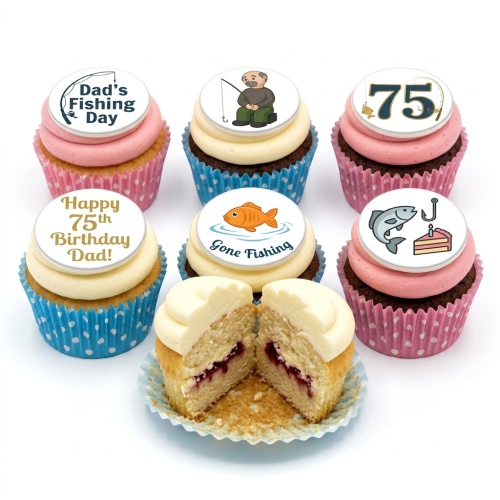Fishing themed birthday cupcakes with edible toppers featuring a fisherman, fish, fishing rod, and custom age number.