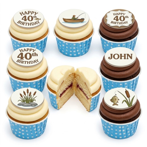 Fishing theme birthday cupcakes with fisherman, fish, and reed toppers, with custom age and name options.
