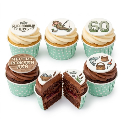 Six fishing theme birthday cupcakes with edible toppers including a fisherman, fishing gear, and a custom age.