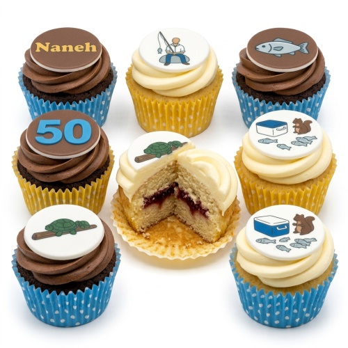 Cupcakes with fishing, fish, cooler, squirrel, and turtle toppers, some with chocolate and some with vanilla frosting.