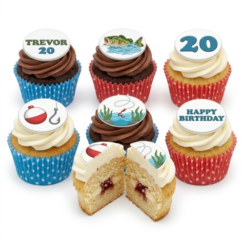 Fishing themed birthday cupcakes with edible toppers featuring fish, bobbers, and fishing line, some with custom age and message.