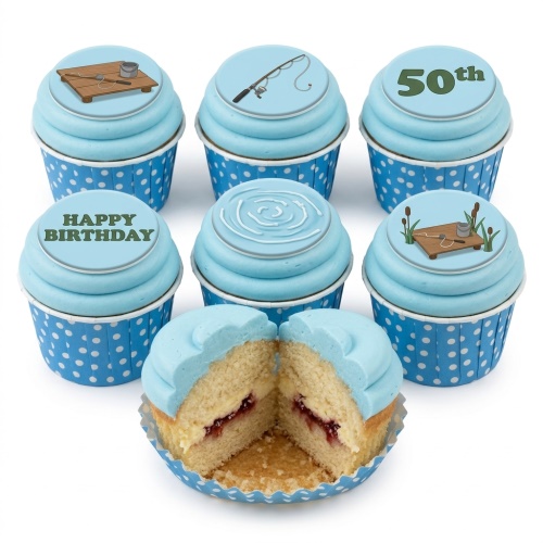 Fishing theme birthday cupcakes with fishing rod, pier, and water ripple toppers on light blue frosting.