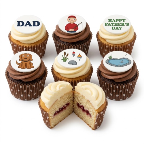 Assortment of Father's Day cupcakes with fishing theme toppers, including a man fishing, floats, a pond, a dog, and "DAD" and "HAPPY FATHER'S DAY" messages.