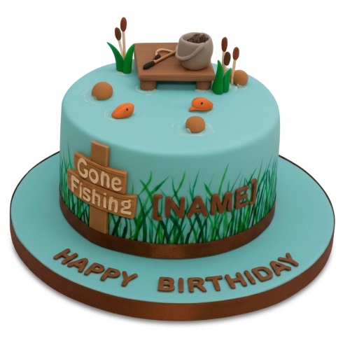 Round blue fishing theme birthday cake with dock, bucket, rod, reeds, bobbers, and a 'Gone Fishing' sign.