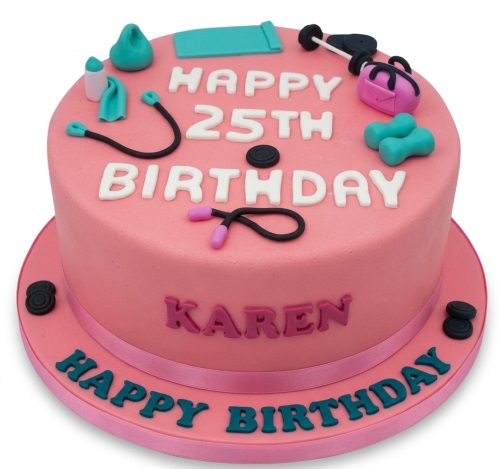 Pink birthday cake with fondant gym equipment and custom age topper.