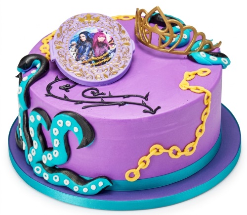Round purple Descendants birthday cake with Mal and Evie topper, gold crown, and teal octopus tentacles.