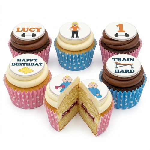 Assorted gym and fitness themed birthday cupcakes with custom toppers and polka dot cases.