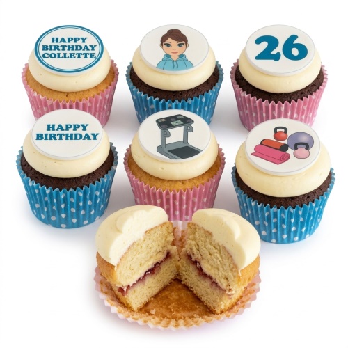 Set of six fitness themed birthday cupcakes with white frosting, pink and blue wrappers, featuring gym equipment, a female character, and 'Happy Birthday' messages.