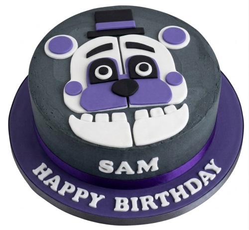 Round grey cake with a white and purple bear character face, black top hat, and purple ribbon.